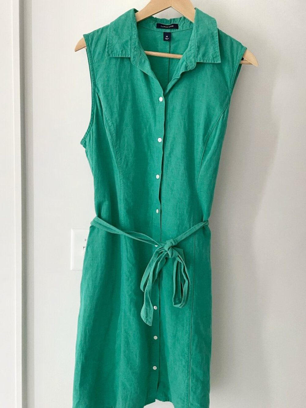 Lands’ End Linen Blend Belted Dress Green Size 16 With Pockets